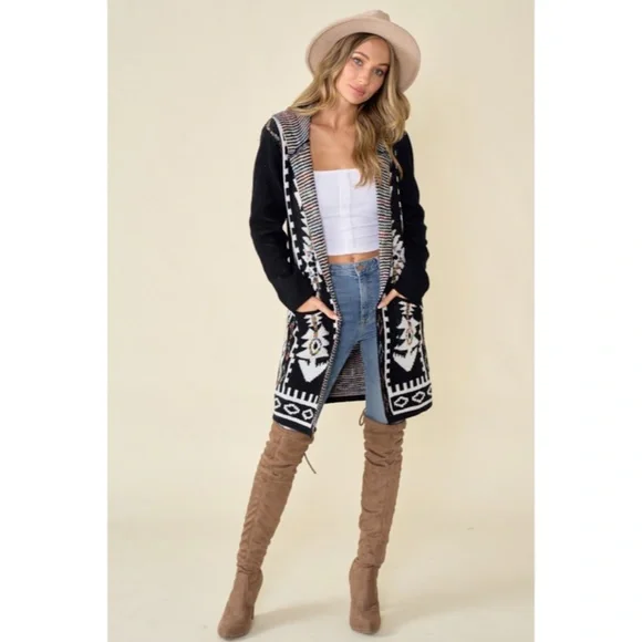 SOLD OUT Black Aztec Rainbow Western Hooded Knit Cardigan Long Sleeve Open - Picture 8 of 8